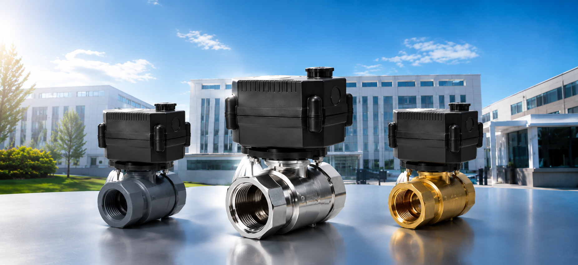 Flomarvel motorized ball valves available in stainless steel, brass and UPVC for industrial flow control