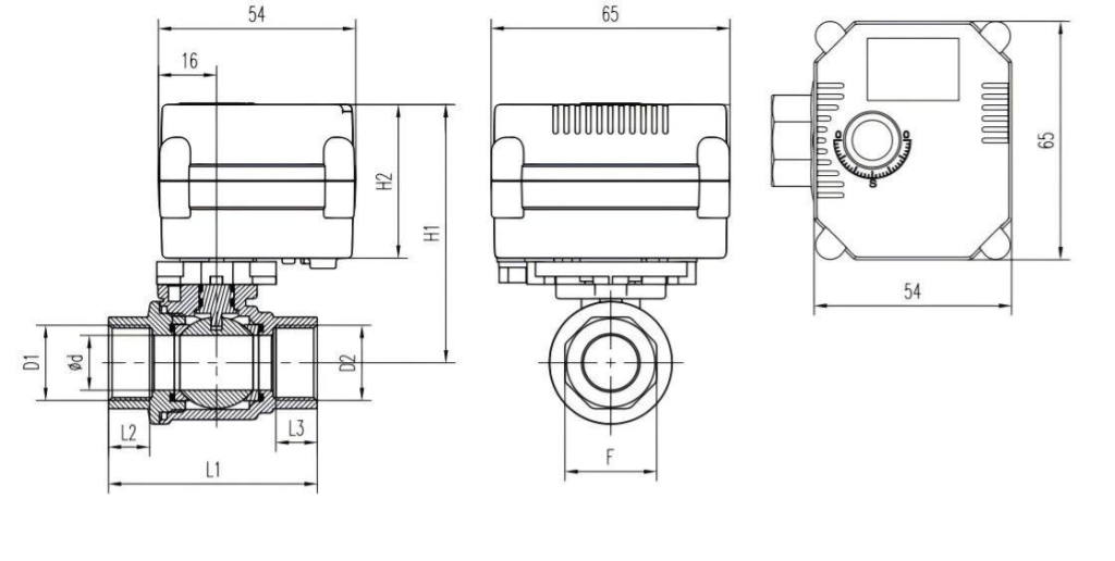Dimension drawing of 4-20mA modulating motorized ball valve with overall and installation dimensions