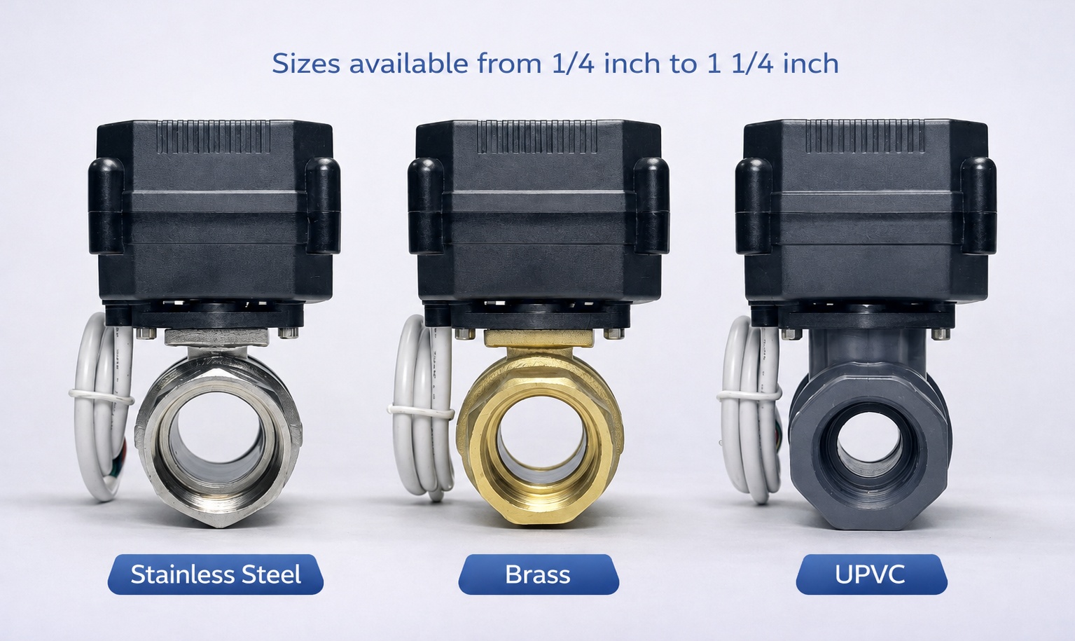 Motorized ball valve material options in stainless steel, brass and UPVC