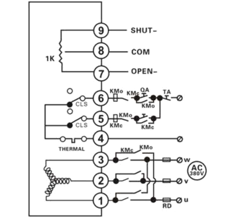 F:AC380V Three-Phase Power Supplywith Resistance Potentiometer Signal FeedbackFunction:The external circuit make positive andnegative conversion of DC power to open or close,and the actuator outputs a set signal of passiveposition (full opening,full closing) Notes: Please kindly note if the switch position is correct whenthe three phase electric actuator is being adjusted,if it'sopposite direction,then make 2 of power lines exchangeeach other 