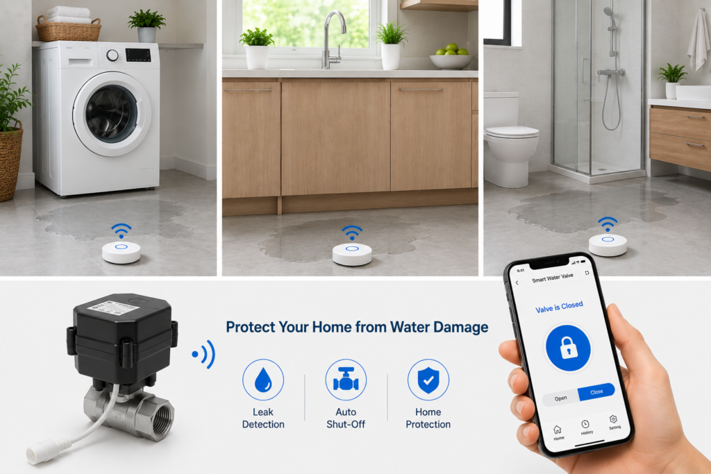 Smart home water leak detection system with automatic shut-off valve and mobile app control