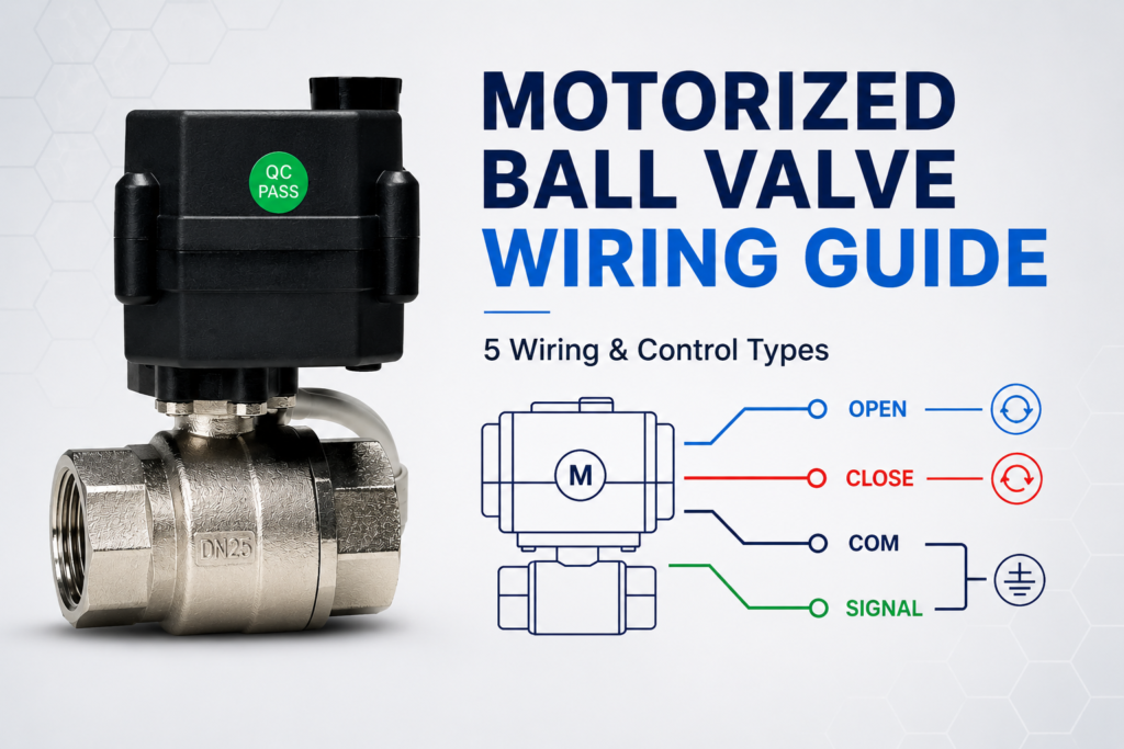 Motorized ball valve wiring guide with 5 wiring and control types