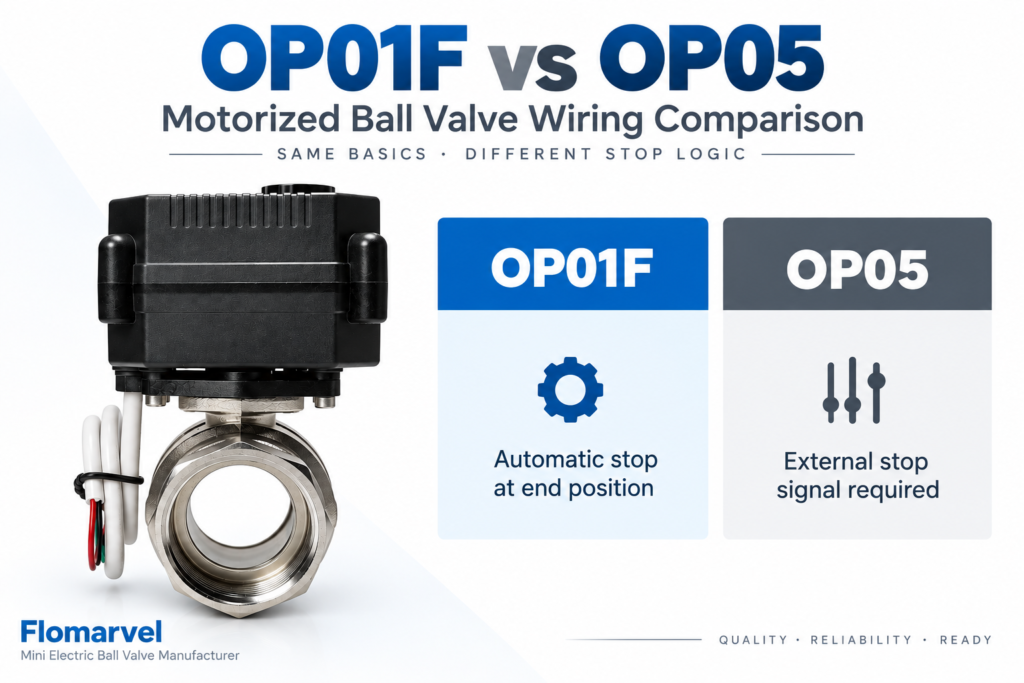 OP01F vs OP05 motorized ball valve wiring comparison