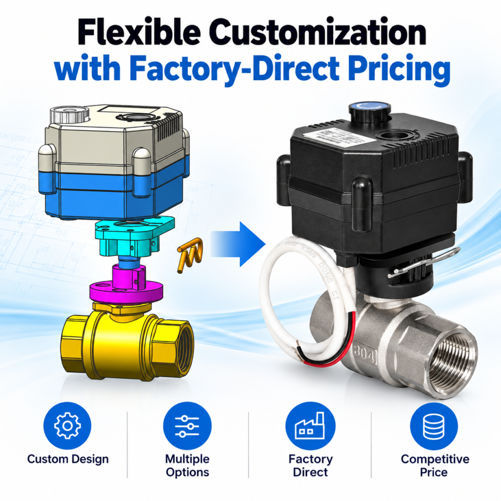 Custom motorized ball valve CAD design and finished stainless steel electric ball valve by Flomarvel