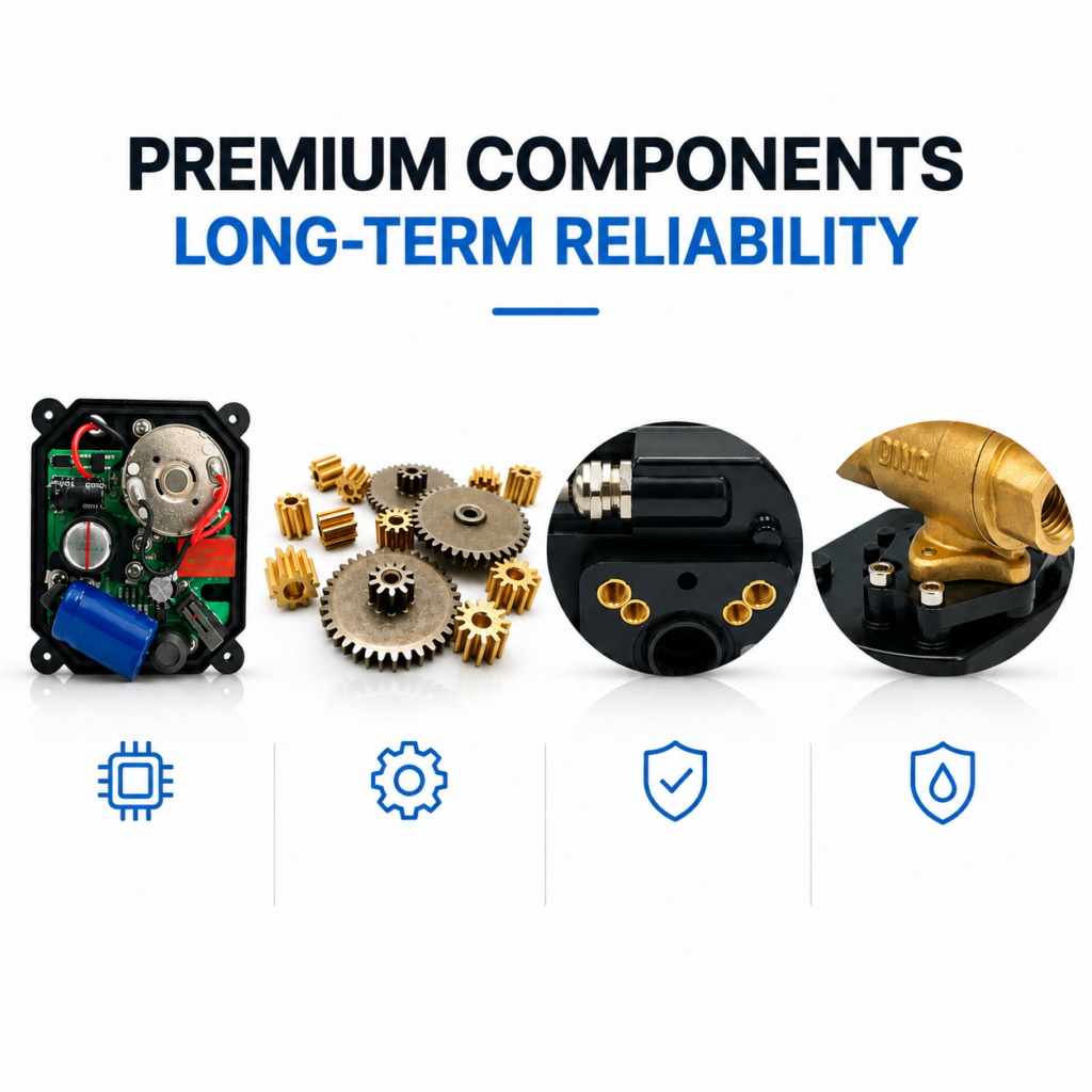 Durable motorized ball valve components including metal gears, control circuit and reinforced actuator housing