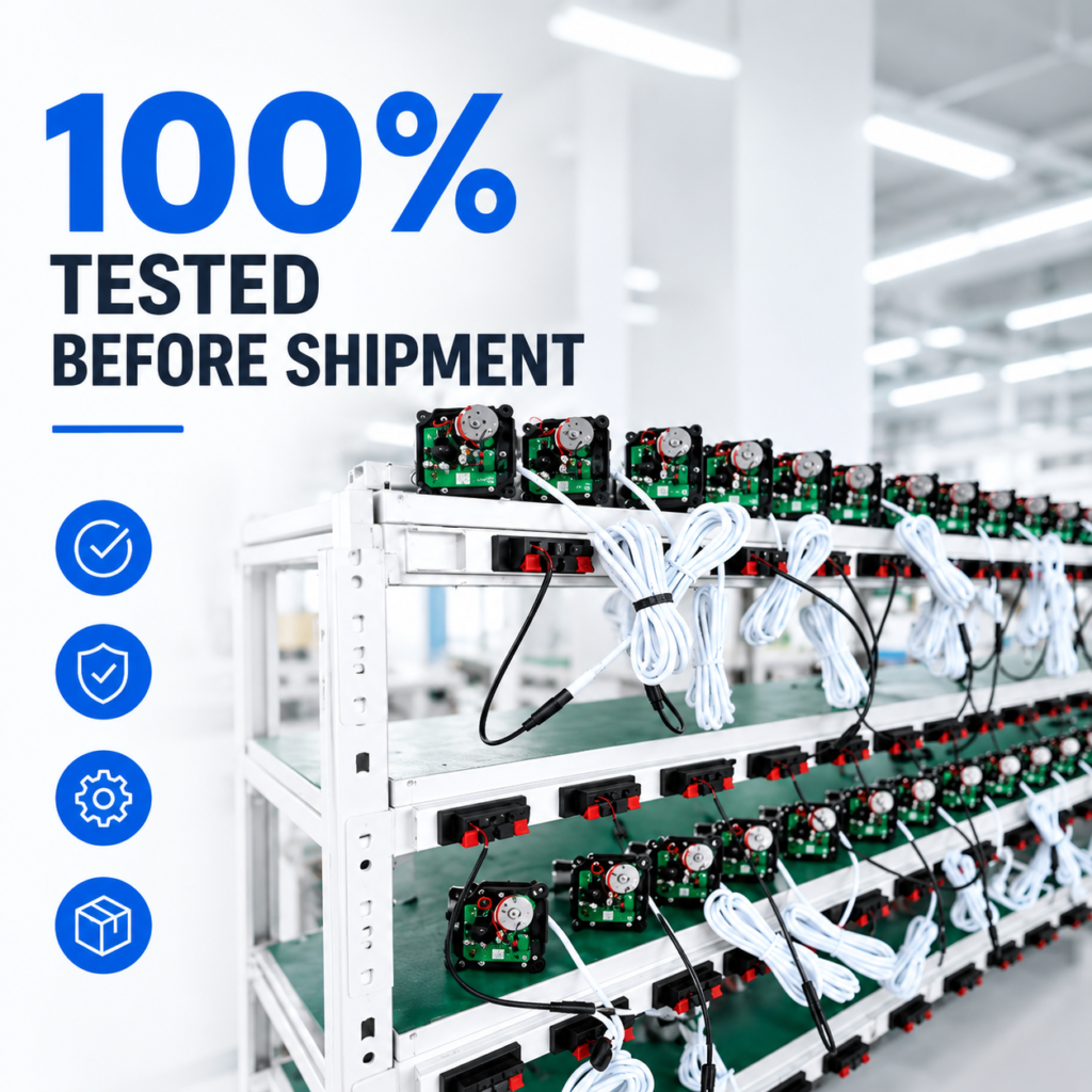 Flomarvel motorized ball valve actuators undergoing functional testing before shipment